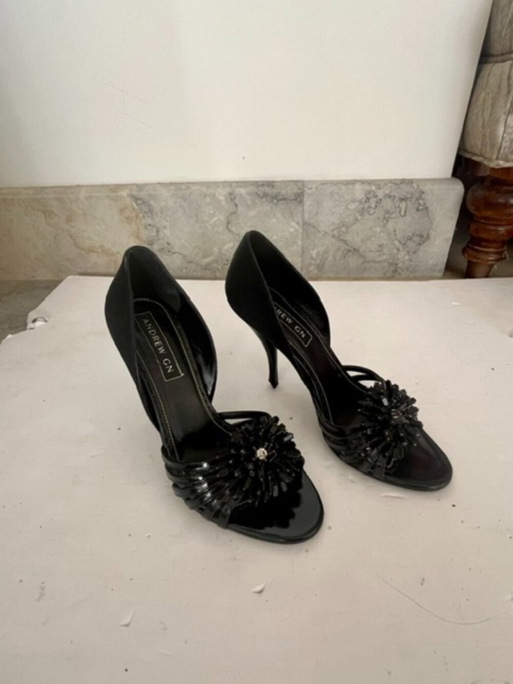 Andrew Gn Black Strappy d'Orsay Stiletto Heels Open Toe Floral Embellished